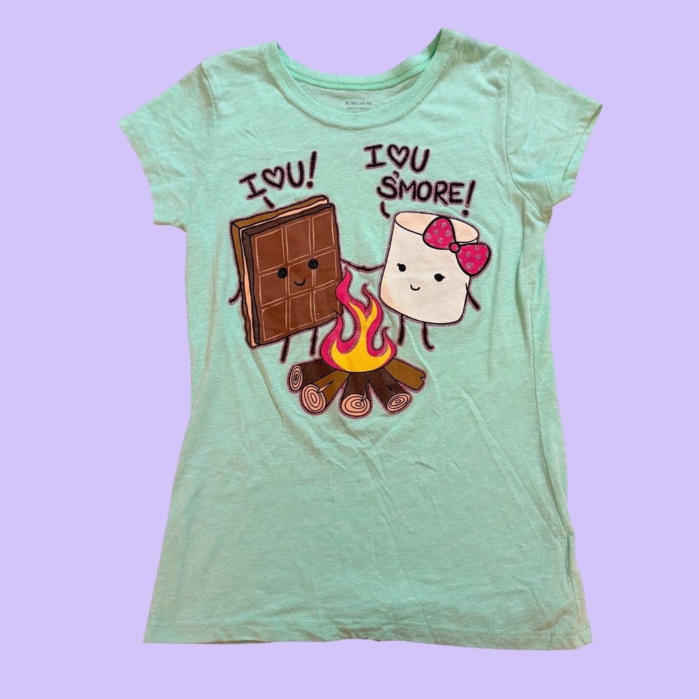 Y2K I Heart U S'more Graphic Tee Green Glitter Campfire Shirt Scene #19